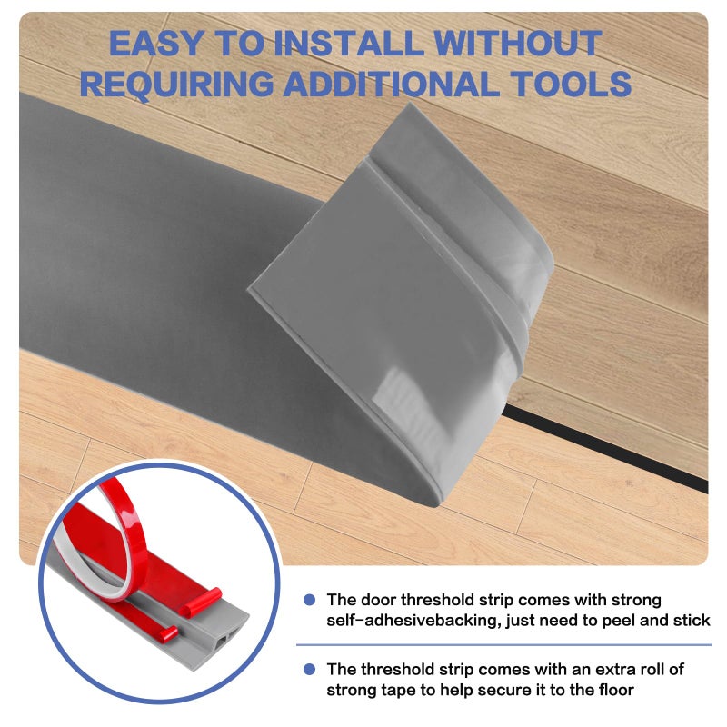 DBHXXMB-HH Floor Transition Strip Vinyl Door Threshold Ramp Self Adhesive Carpet Edging Strip Doorway Edge Trim, Overlap Edge Reducer for Laminate Carpet, Floor, Tile (Gray, 3/5"" to 4/5"", 3.3Ft) - Image 2